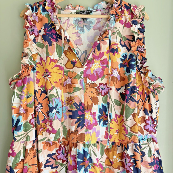 MAGGY LONDON Woman Floral Ruffle Sleeveless Dress Cotton Retro Plus Size 22W - Picture 2 of 11